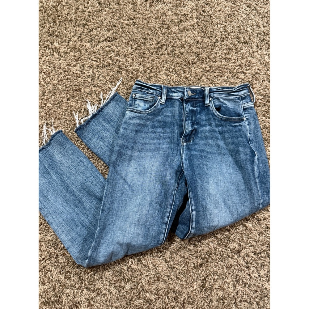 Petra 153 Womens Med Wash High Rise Straight Leg Distressed Raw Hem Jeans 7/27